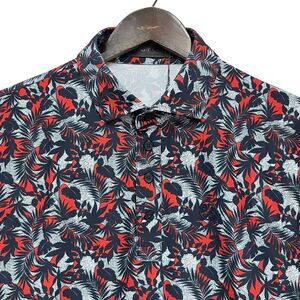 G/Fore NEW WITH TAGS Men's Sz Medium Palm Fronds Navy/Red Floral Tech Pique Polo